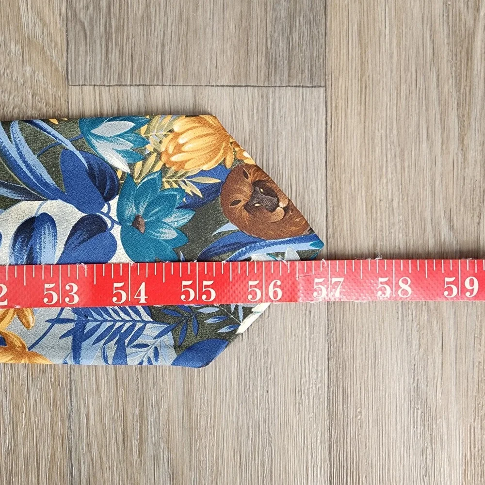 Vintage Jaeger Men's Silk Tie Blue Green Floral Lion Print Made in Great Britain